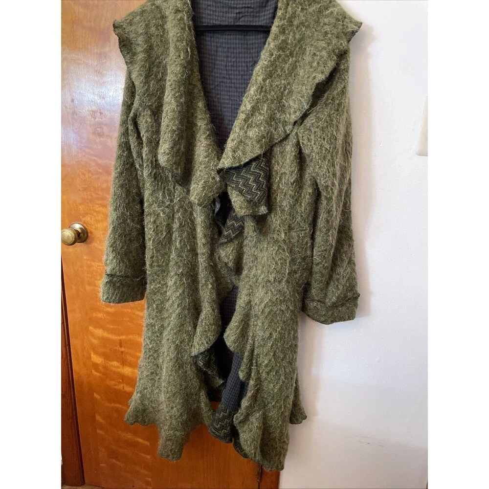 Ian Mosh Faux Mohair Sweater Ruffle Bohemian Festival Long Coat M/L Green Fairy